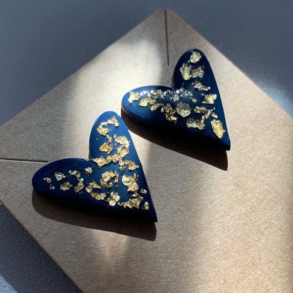 Navy & Gold Clay & Resin Large Heart Earring Studs - Picture 8 of 9
